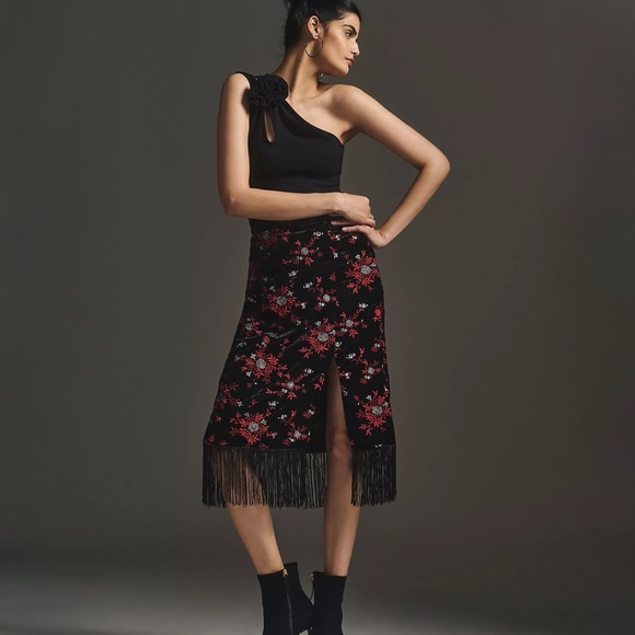 NWT Anthropologie Maeve Velvet Embroidered Fringe Skirt Black Red Silver - Picture 3 of 6
